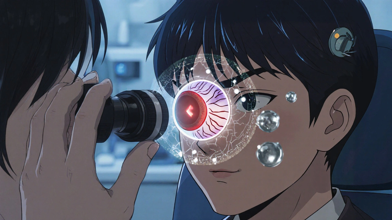 Eye doctor examining a patient&#039;s dilated pupil with a holographic retinal tear visible.