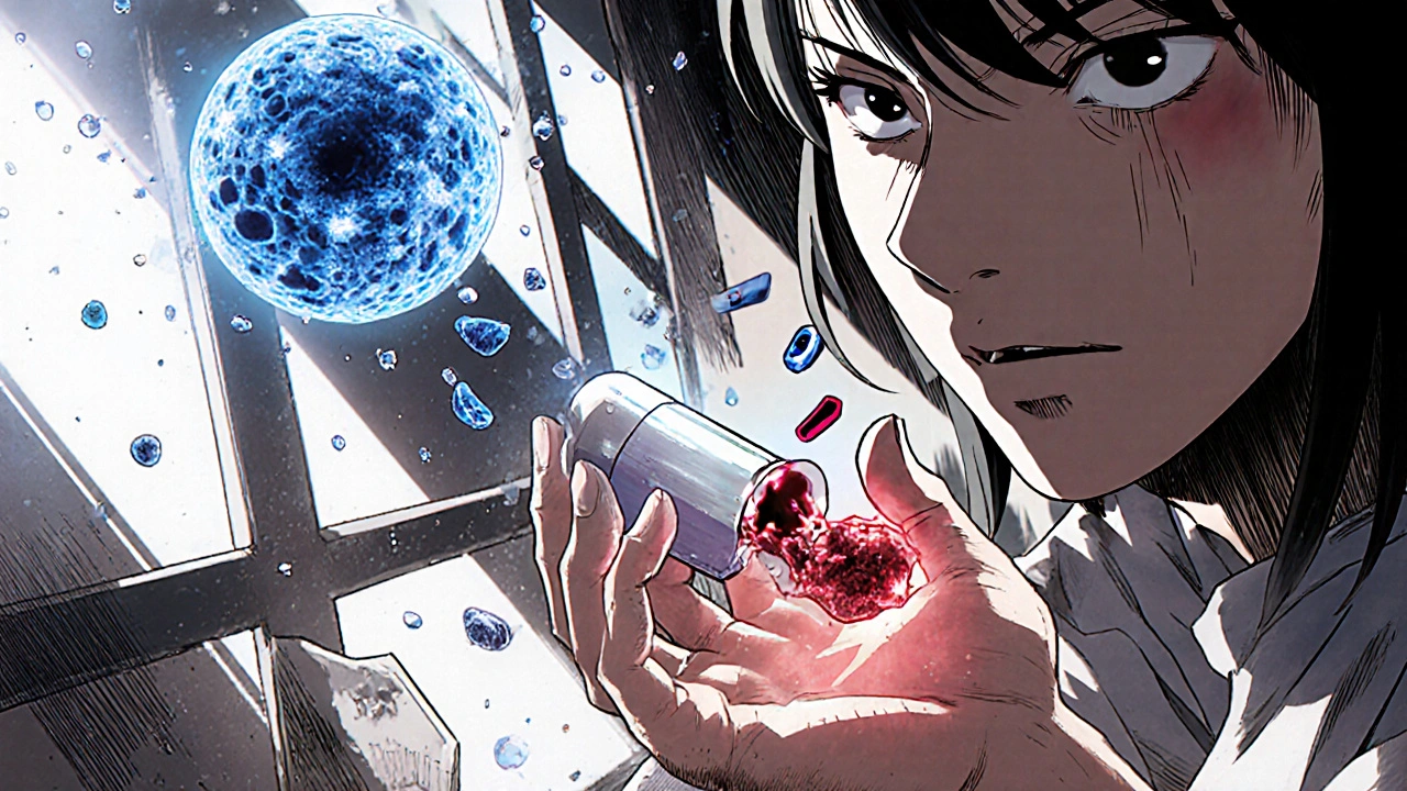 Hand holding calcium citrate tablet beside broken calcium carbonate pill with bone cells battling above.