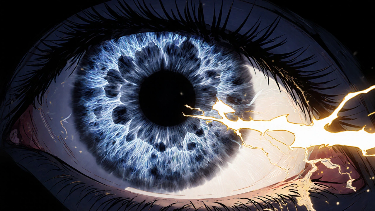 Inside the eye showing vitreous gel pulling away from the retina with flashes and clumped fibers.