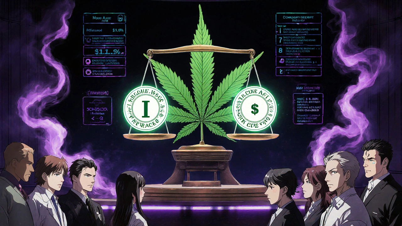 Marijuana classification debate with insurance tiers and legal labels floating in a dramatic scene.