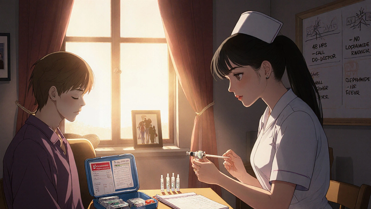 Nurse giving octreotide injection at home with emergency kit and symptom journal visible.