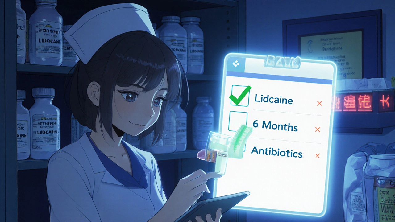 Nurse scanning expiring medications with a glowing inventory app in a quiet night-time clinic.