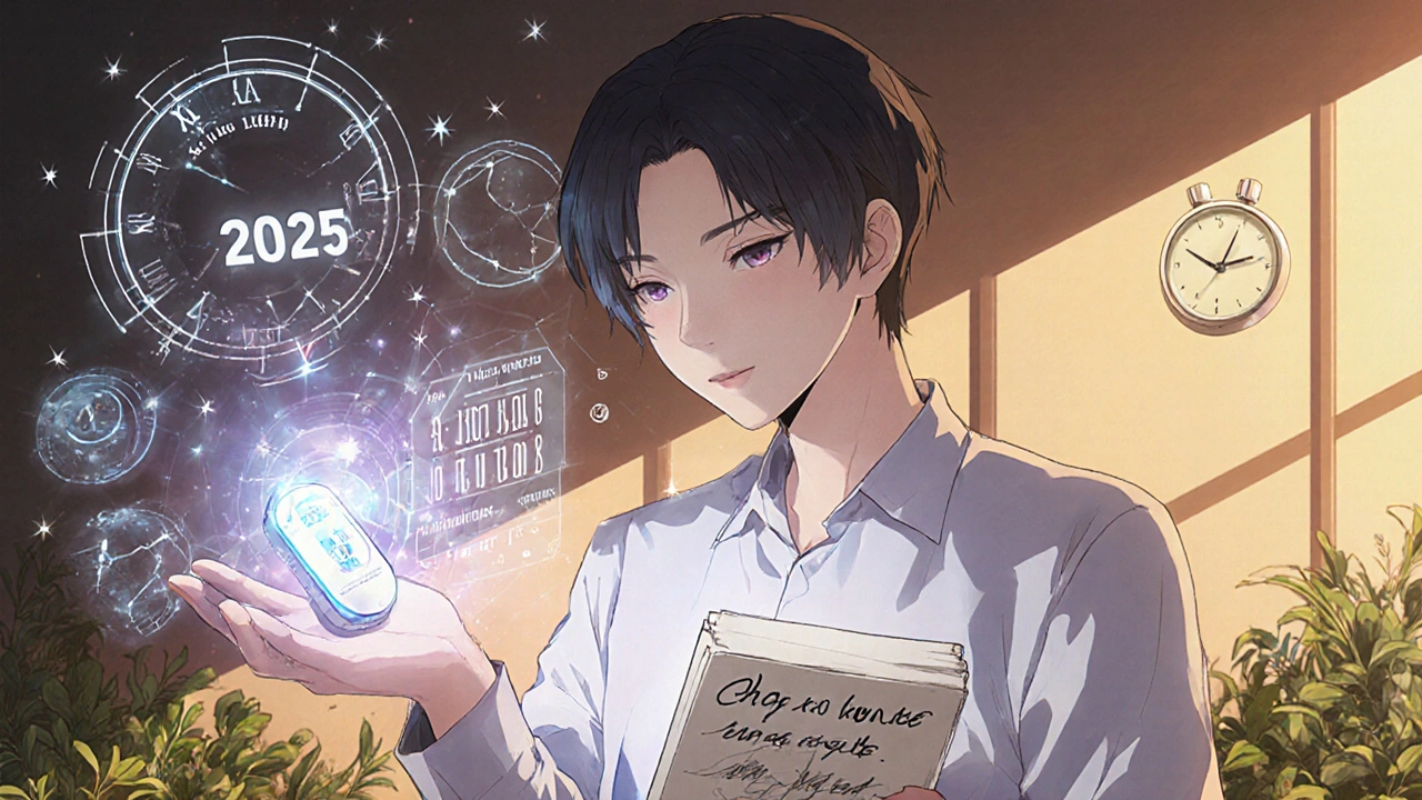 Patient using a futuristic device that displays drug levels and health data as holograms.