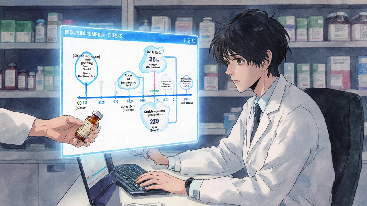 Pharmacist recording biosimilar batch number while patient holds differently packaged medication.