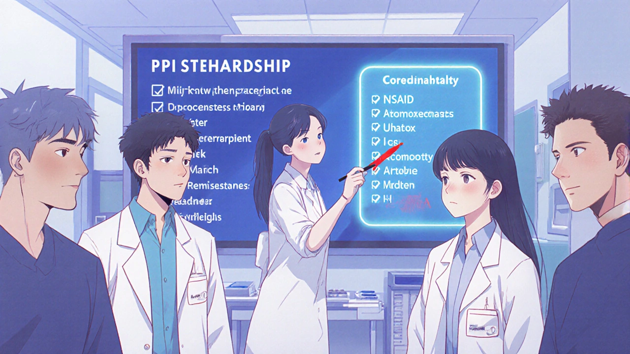 Pharmacist removing unnecessary PPI prescriptions from a hospital checklist in stylized manhua art.