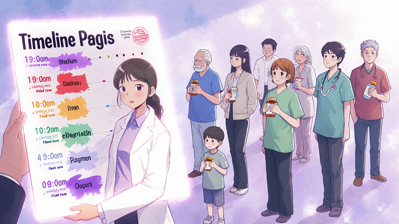 Pharmacist shows a timeline chart separating medications and supplements by time zones.