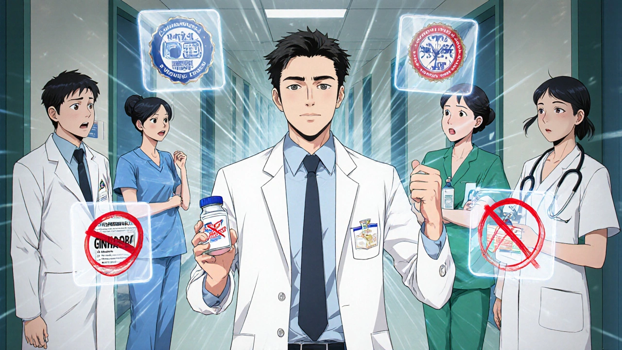 Pharmacist standing confidently with clinical data and batch numbers floating around them in a clinic.