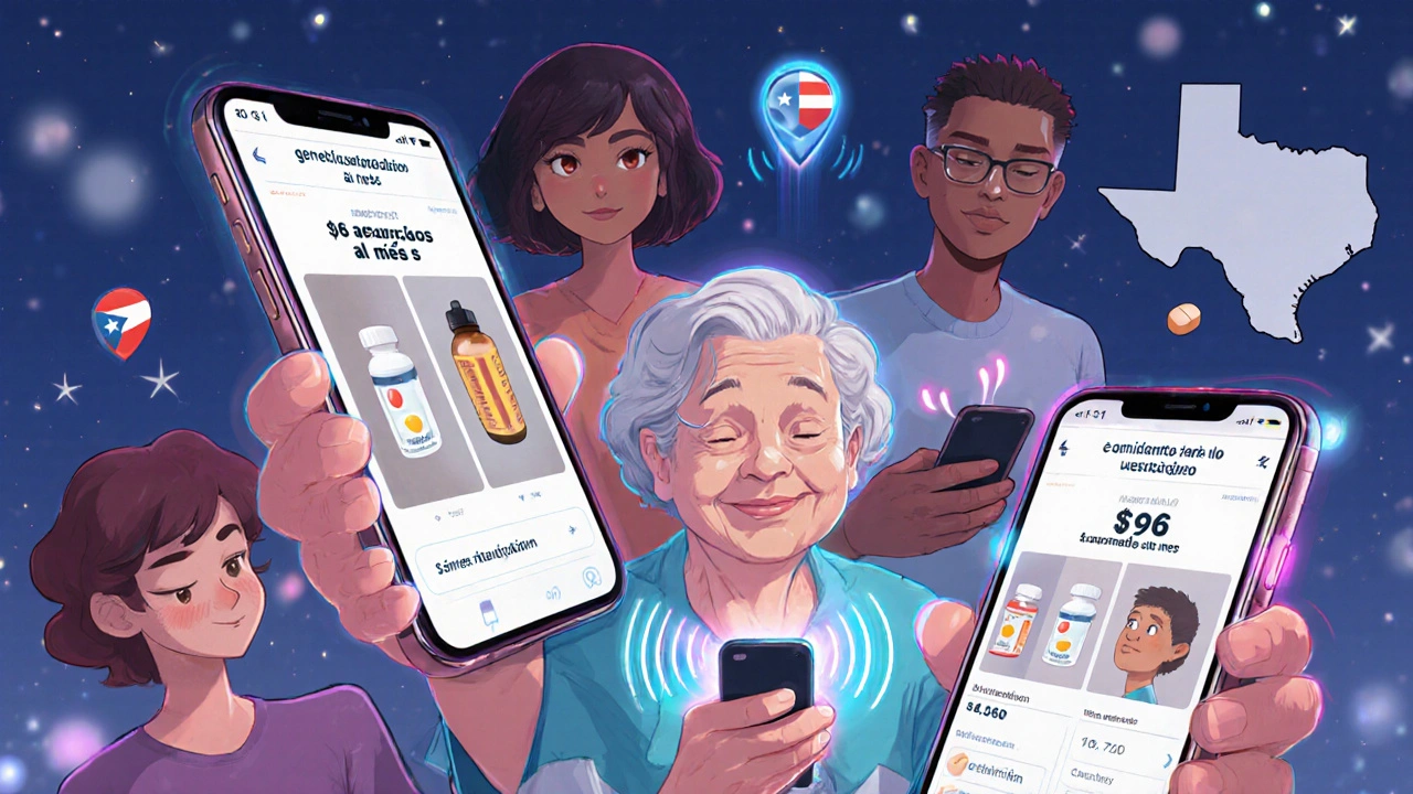 Several people use a phone app to compare brand and generic pills, with cost savings displayed on screen.