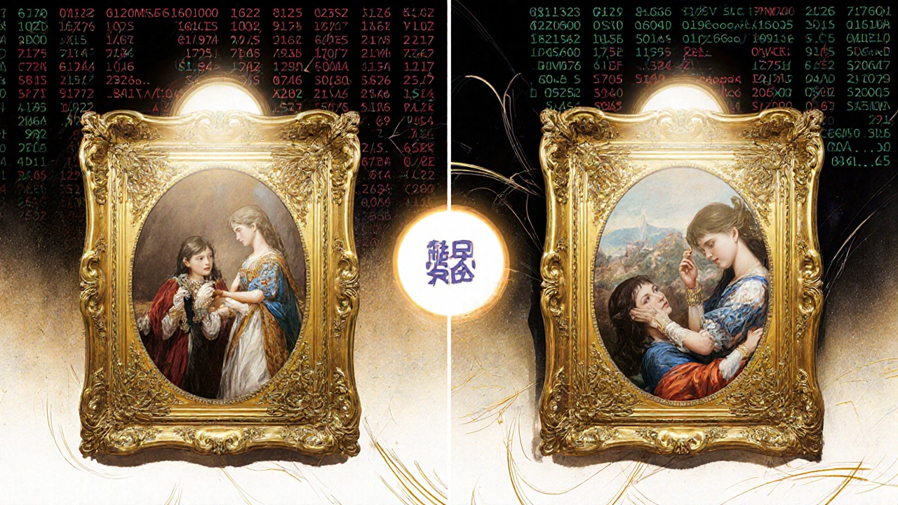 Side-by-side comparison of a biologic drug and its biosimilar as hand-painted artworks with identical frames.