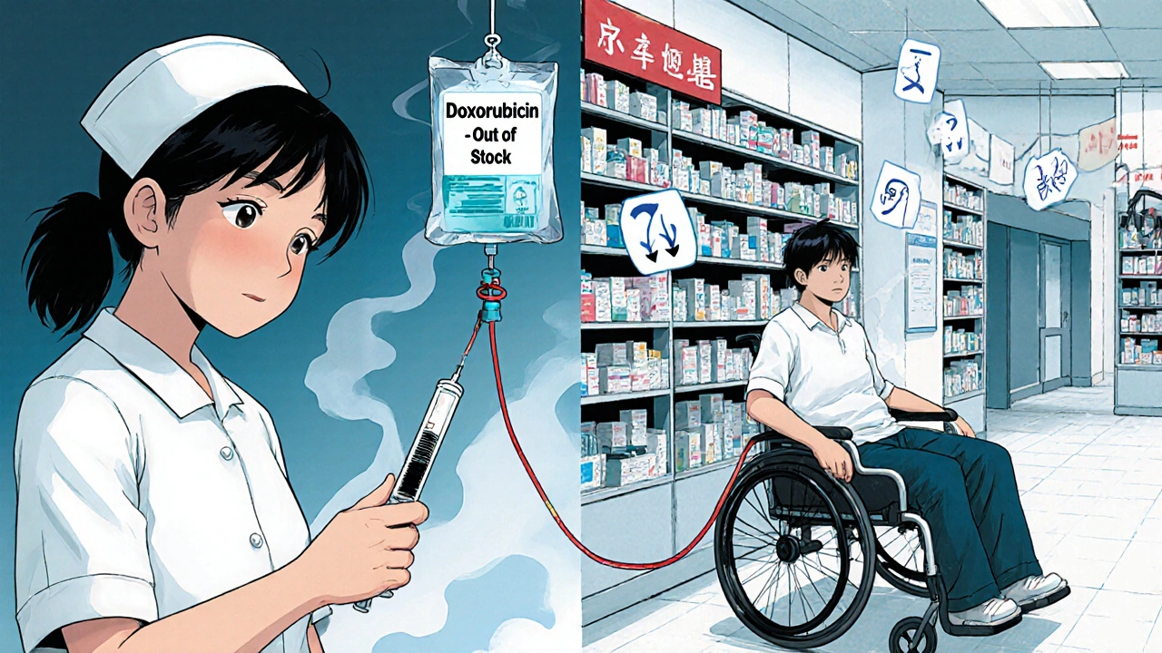 Split scene: a rural nurse holds an empty syringe beside a cancer patient, while a well-stocked urban pharmacy shines across a fraying supply chain thread.