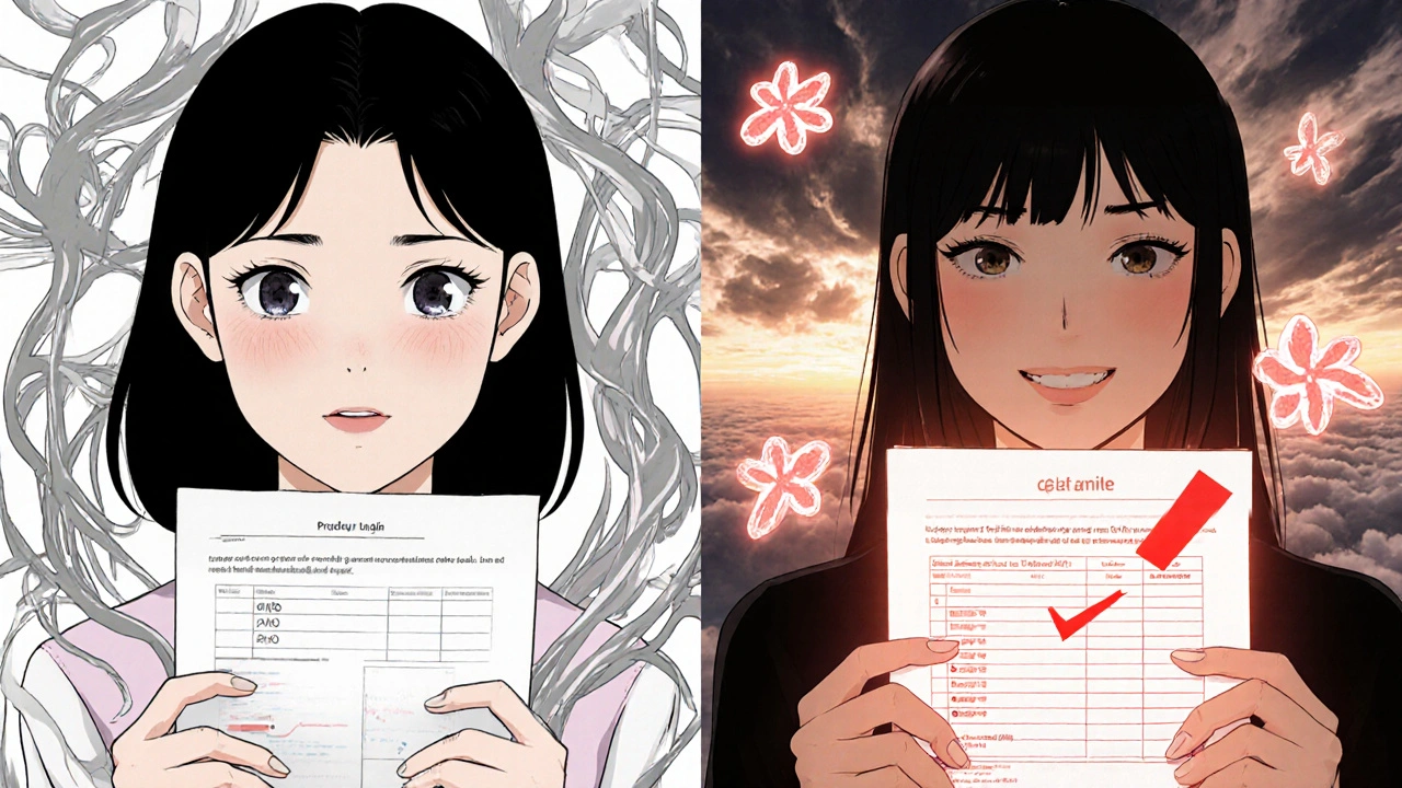 Split scene: a woman distressed by a VUS result on one side, smiling with a clear genetic report on the other.