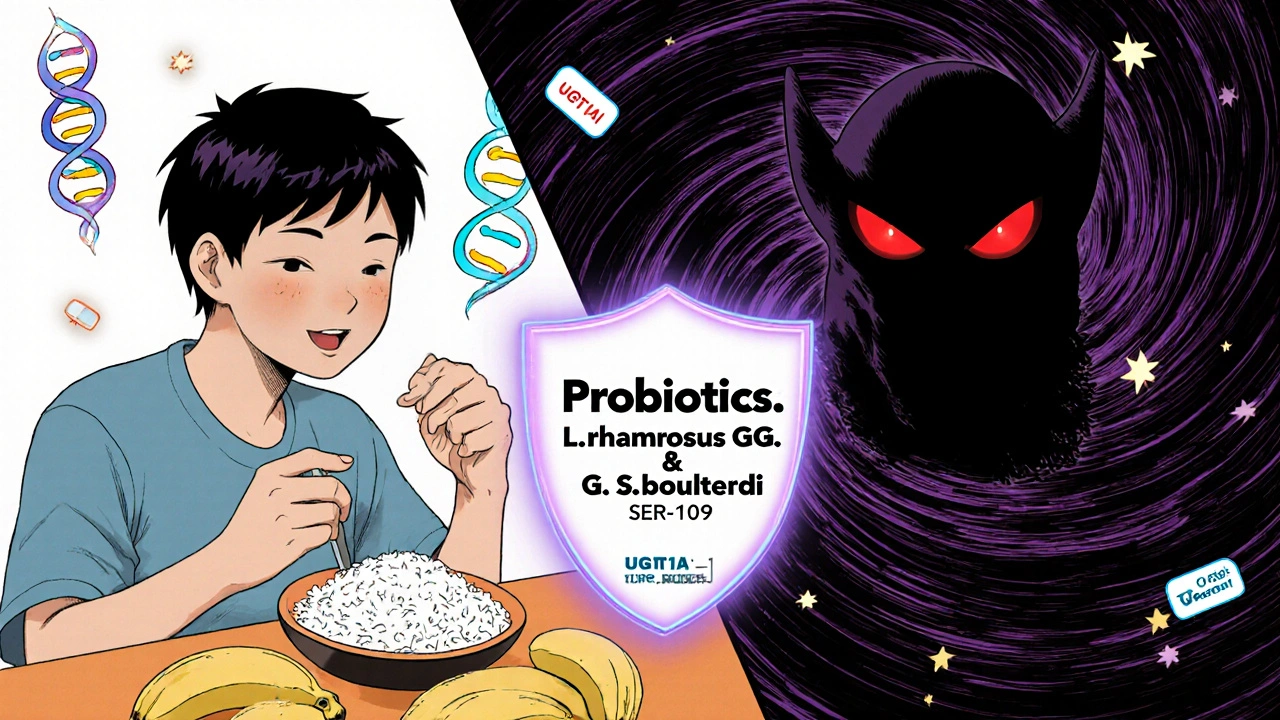 Split scene: patient eating bland food vs. protective shield blocking harmful bacteria.
