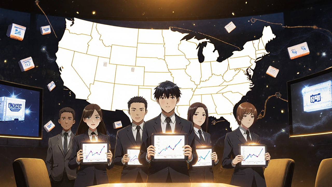 State health officials united by a holographic U.S. drug distribution network with savings data.