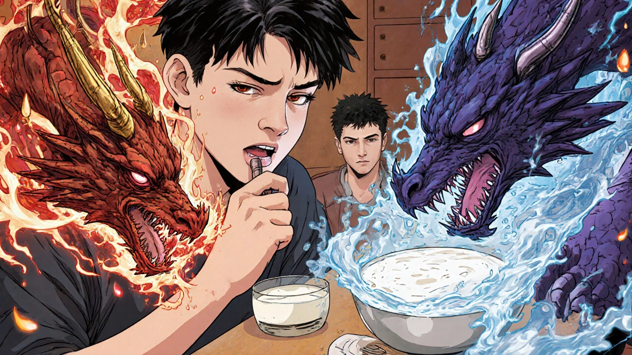 Teenager taking antibiotics with breakfast as iron and milk turn into battling dragons.