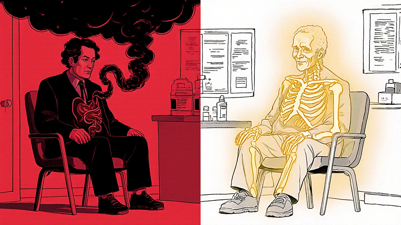 Two elderly patients side by side, one with dark acid cloud over bones, other with golden light.