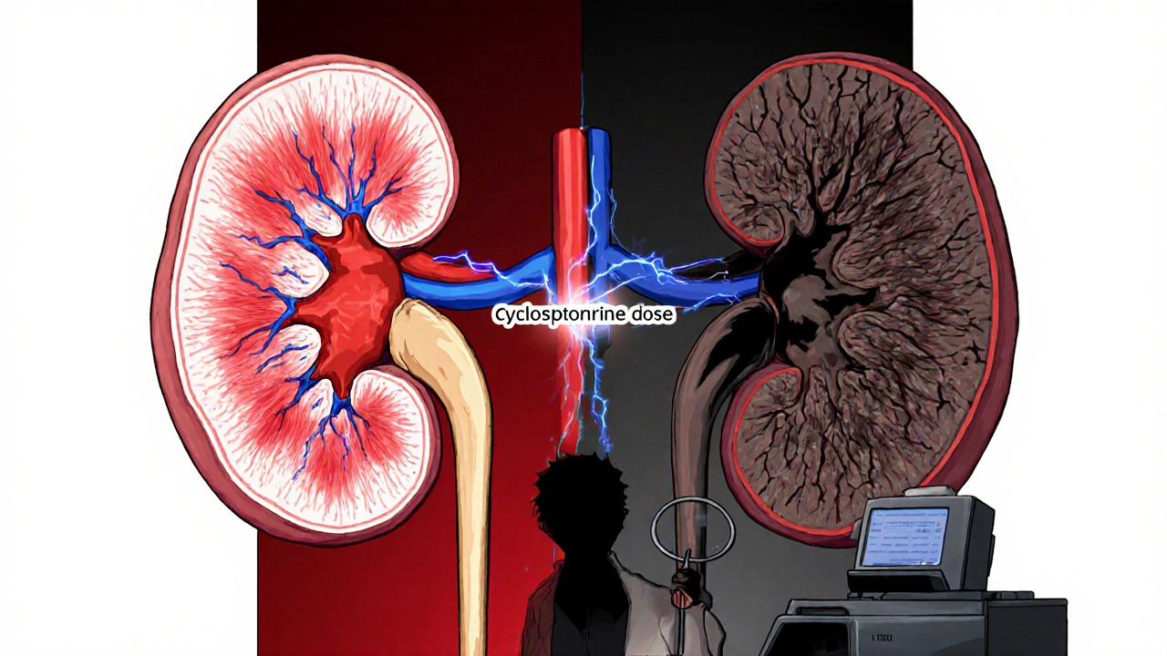 Two kidneys side by side—healthy vs. damaged—connected by a glowing cyclosporine dose thread.