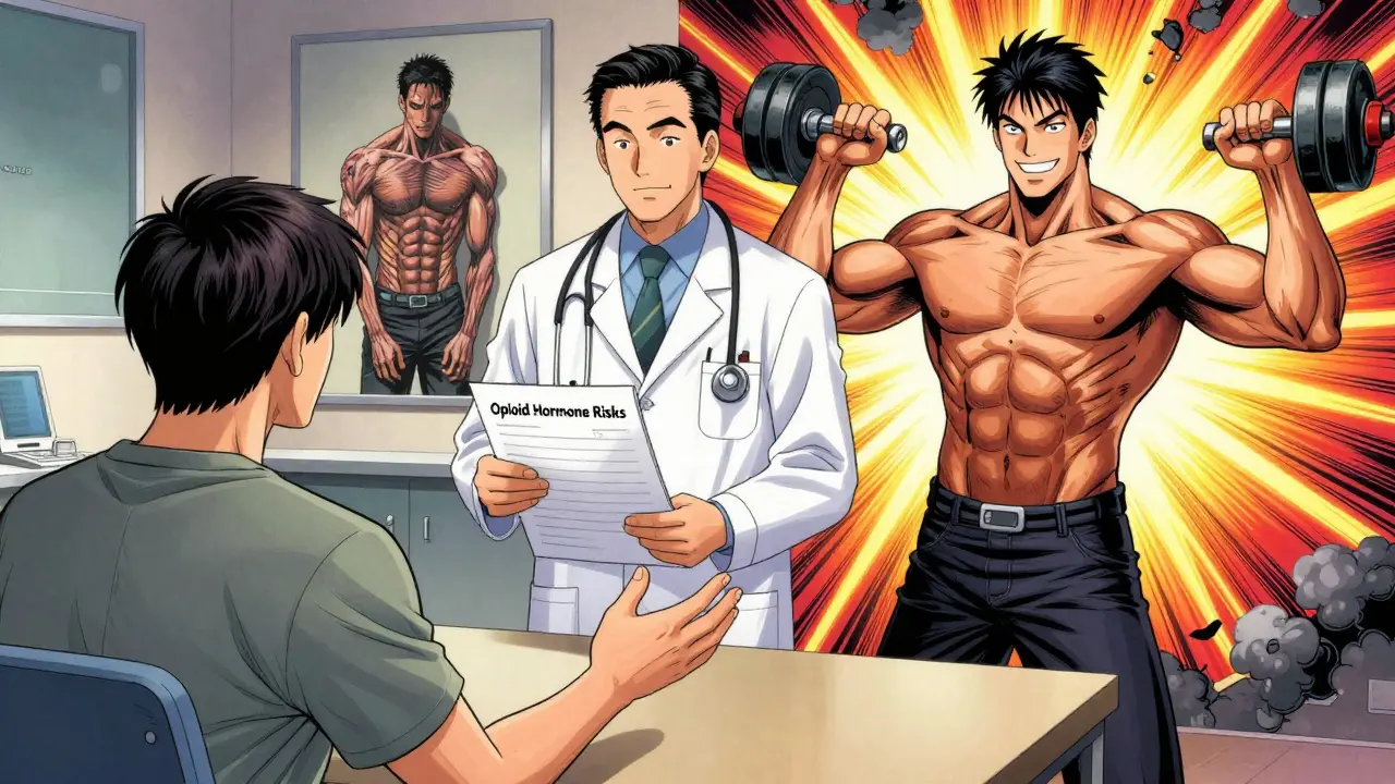 A doctor and patient in consultation, with a split-screen showing opioid damage versus recovery through hormone therapy.