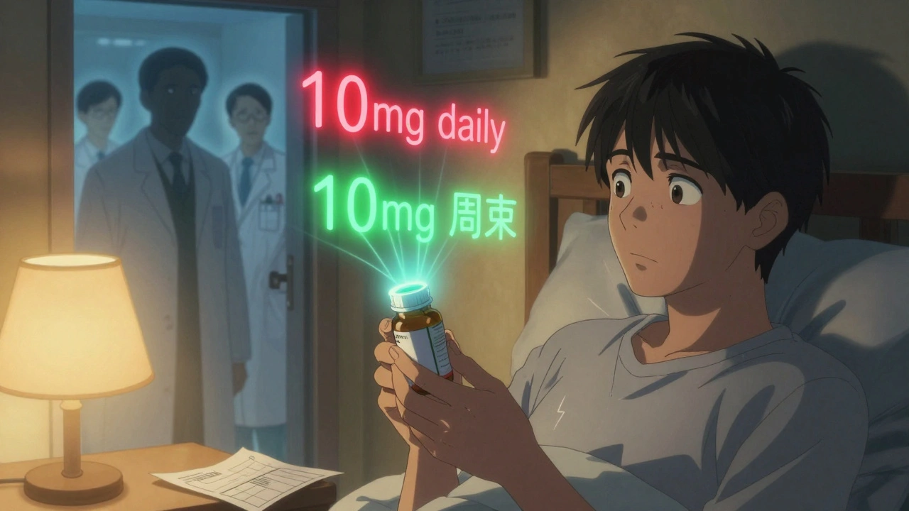 A patient stares at a pill bottle at home, ghostly dosage warnings floating around them in a quiet, anxious moment.