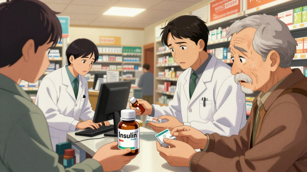 A pharmacist rushes to fill prescriptions at a busy retail pharmacy, a mislabeled insulin bottle in hand as customers wait.