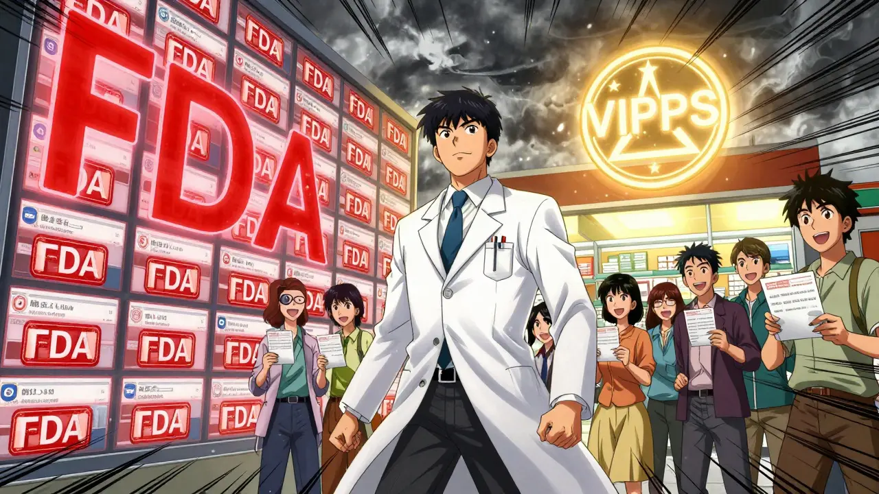 A pharmacist shutting down fake pharmacy websites as a glowing VIPPS seal shines over a safe pharmacy.