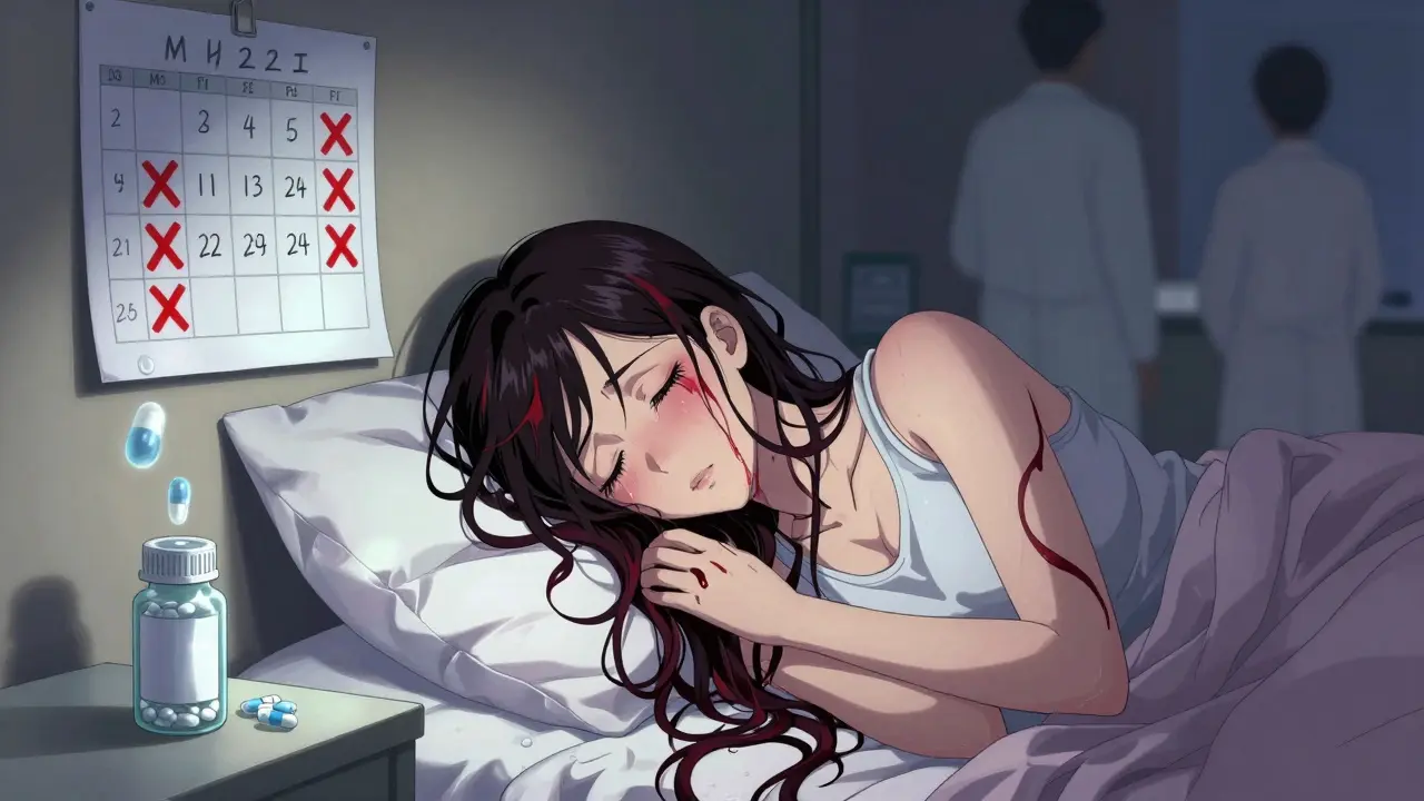 A woman in bed with a crossed-out menstrual calendar, dark molecules draining her energy under moonlight.