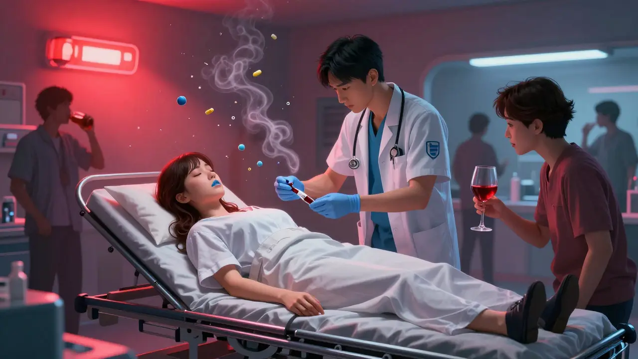 A woman unconscious in ER, paramedic giving naloxone, wine and pill bottles on floor.