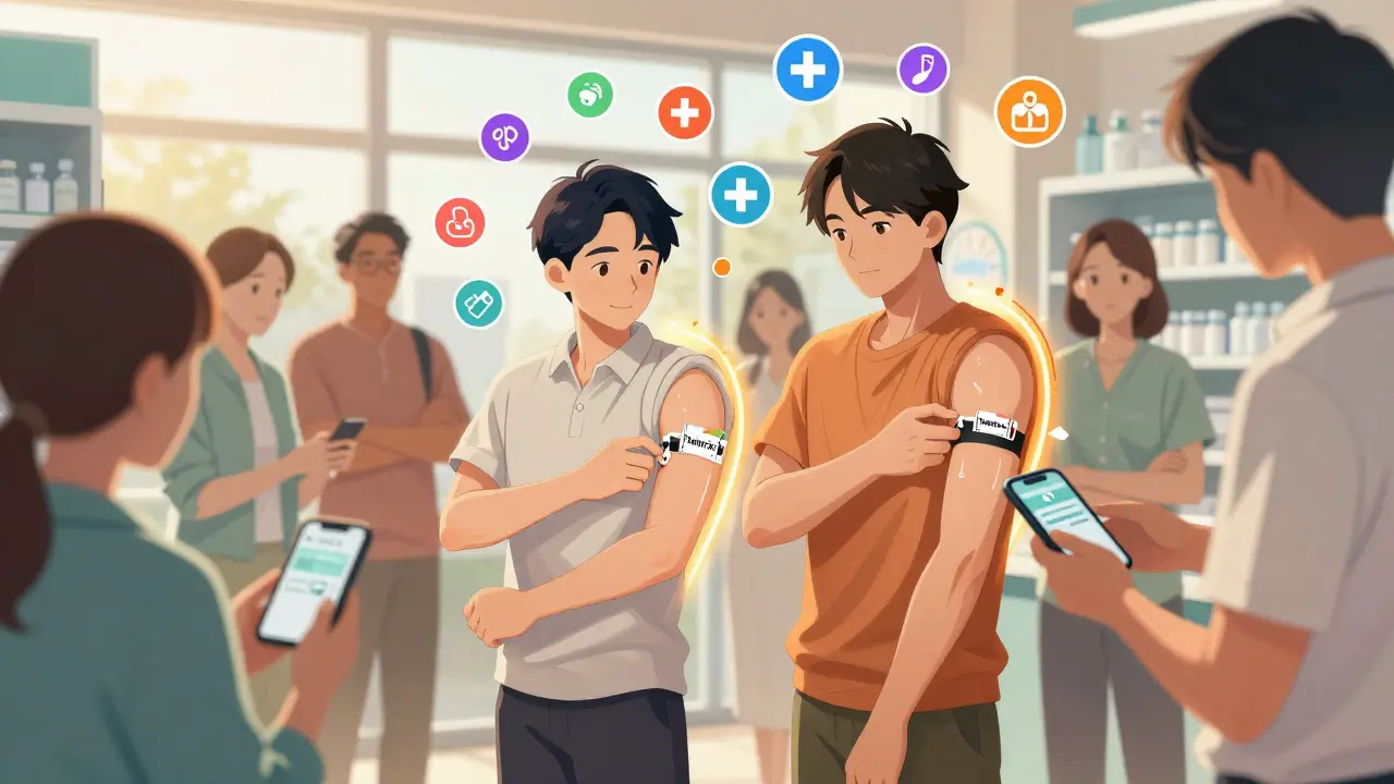 Adults getting hepatitis A and B vaccines at a pharmacy, colorful immunity icons floating in the air.