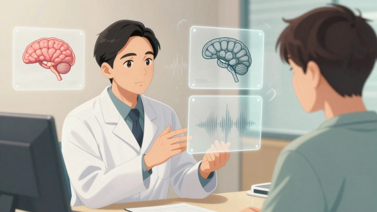 Audiologist explaining tinnitus retraining to a patient with visual diagrams of brain and sound pathways.