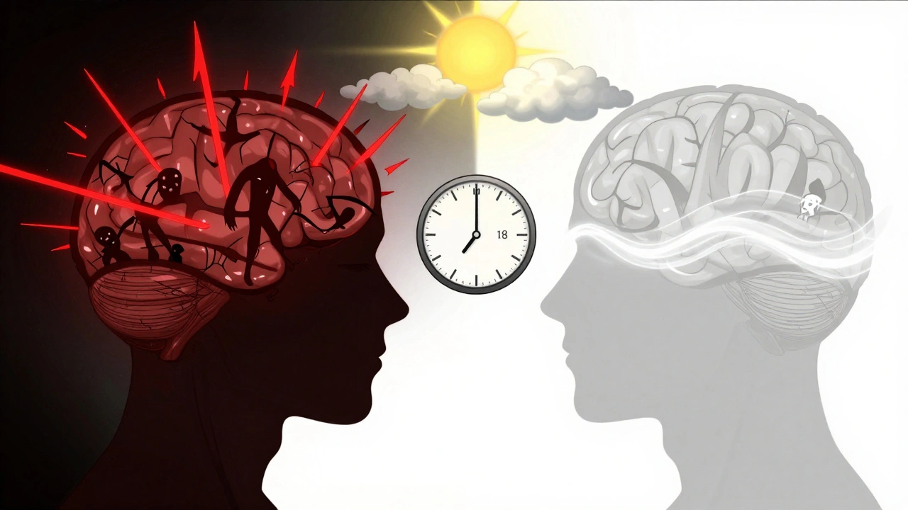 Before-and-after brain imagery showing tinnitus shifting from chaotic threat to peaceful background sound.