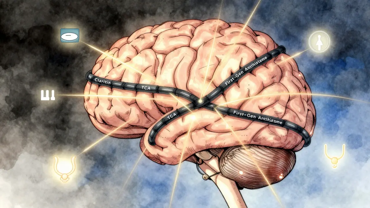 Brain with binding anticholinergic chains being untangled by safe alternatives like melatonin and Claritin.