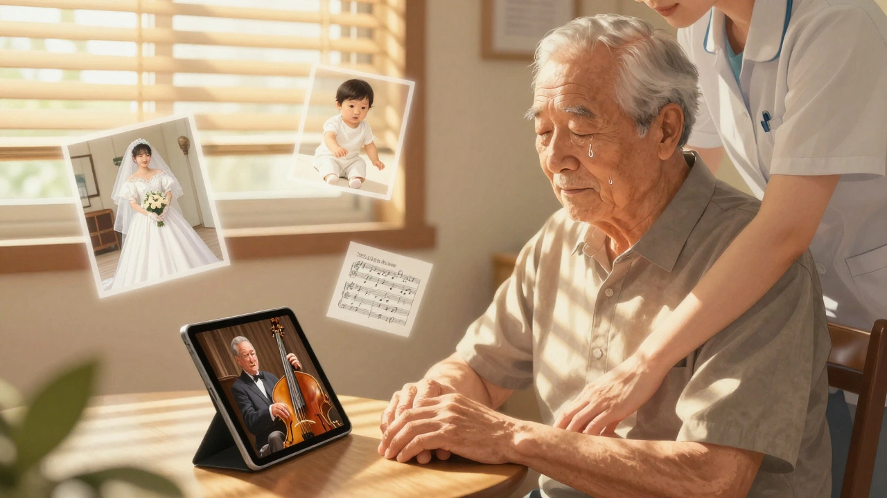 Caregiver holding hand of elderly man in sunlit room, floating memories of love and music around them.