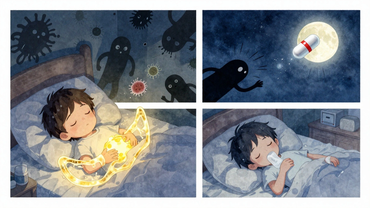 Child sleeping peacefully with acid-repelling gel barrier, contrasting with illness.