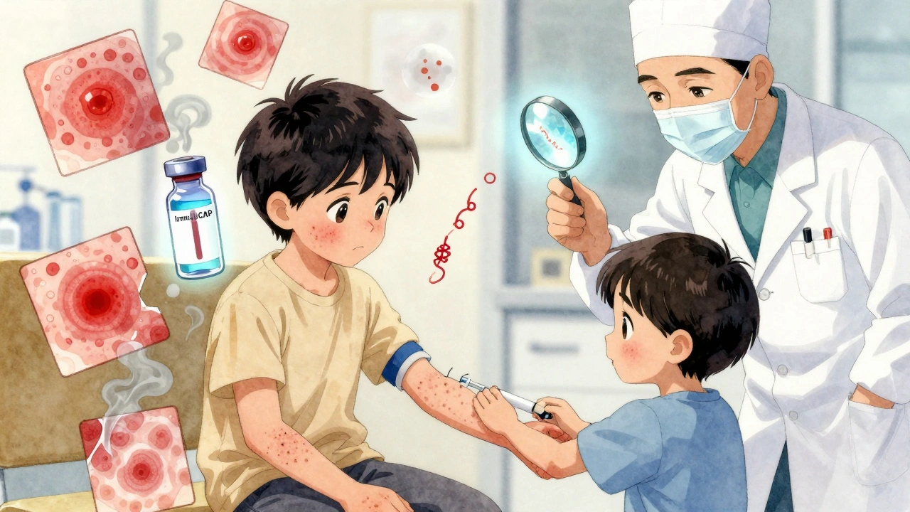 Child with eczema getting a blood test while a doctor highlights a key allergen protein with a magnifying glass.