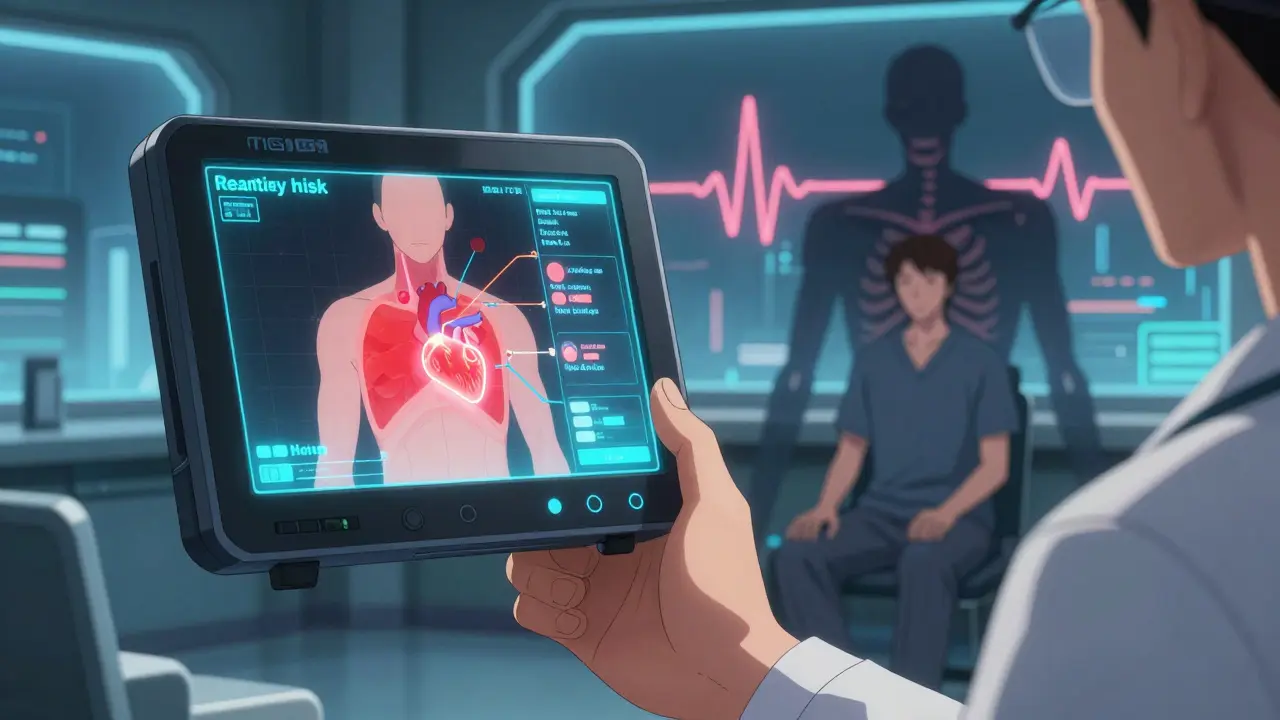 Clinician using handheld TCA monitor projecting toxicity risk over patient's chest with metabolic pathway overlay.