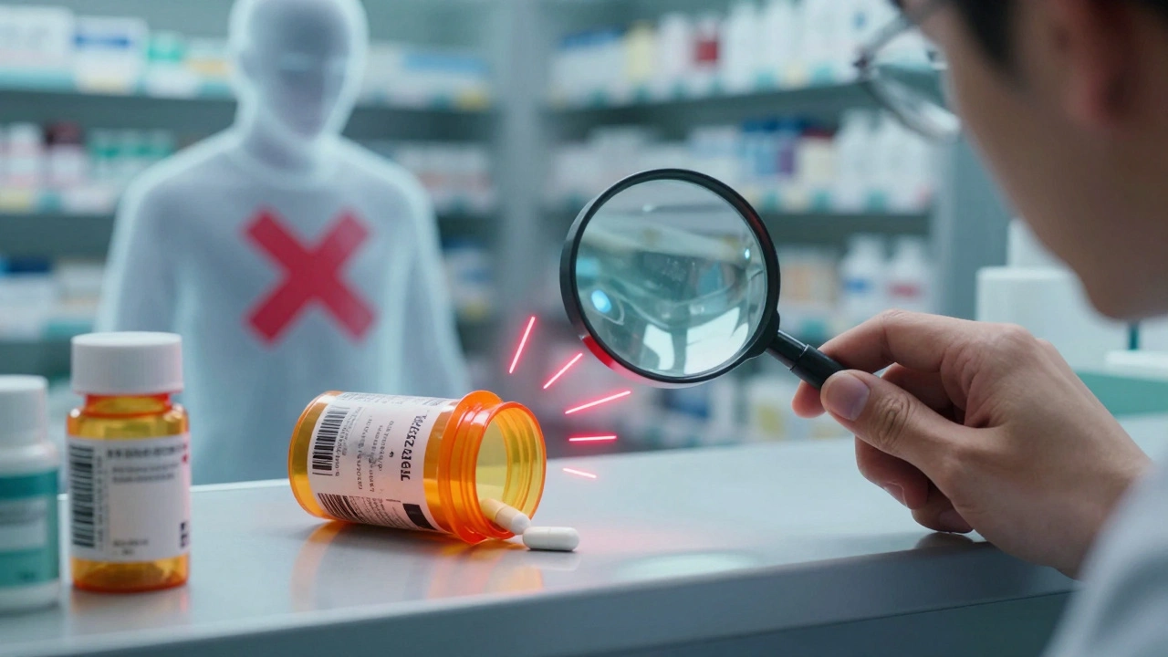 Damaged pill bottle with smudged barcode beside correct one, pharmacist using magnifying glass.