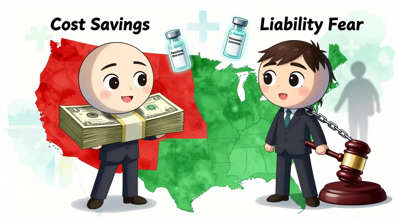 Debate between Cost Savings and Liability Fear on a U.S. map with biosimilar vials floating above.