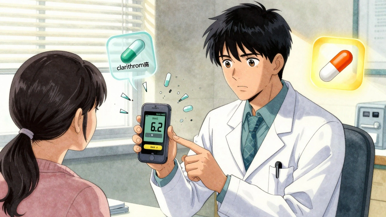 Doctor and patient viewing home INR monitor with high-risk antibiotics shattering nearby