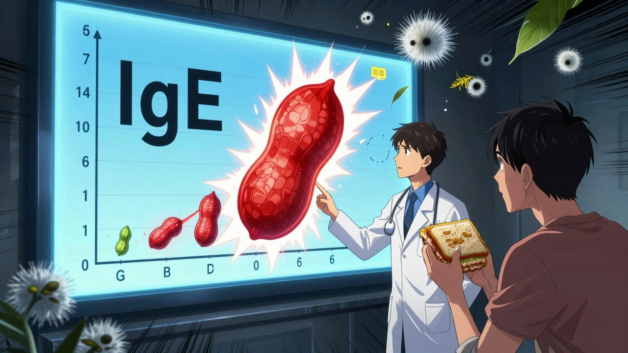 Doctor explaining IgE test results on a digital screen, with peanut allergen levels shown as escalating visual explosions.