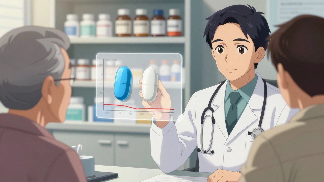 Doctor showing two identical pills to an elderly patient, bioequivalence data floating between them.