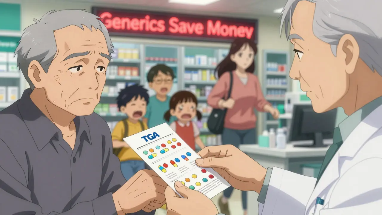 Elderly man receiving a pill information handout from a pharmacist while a rushed mother passes by with children.