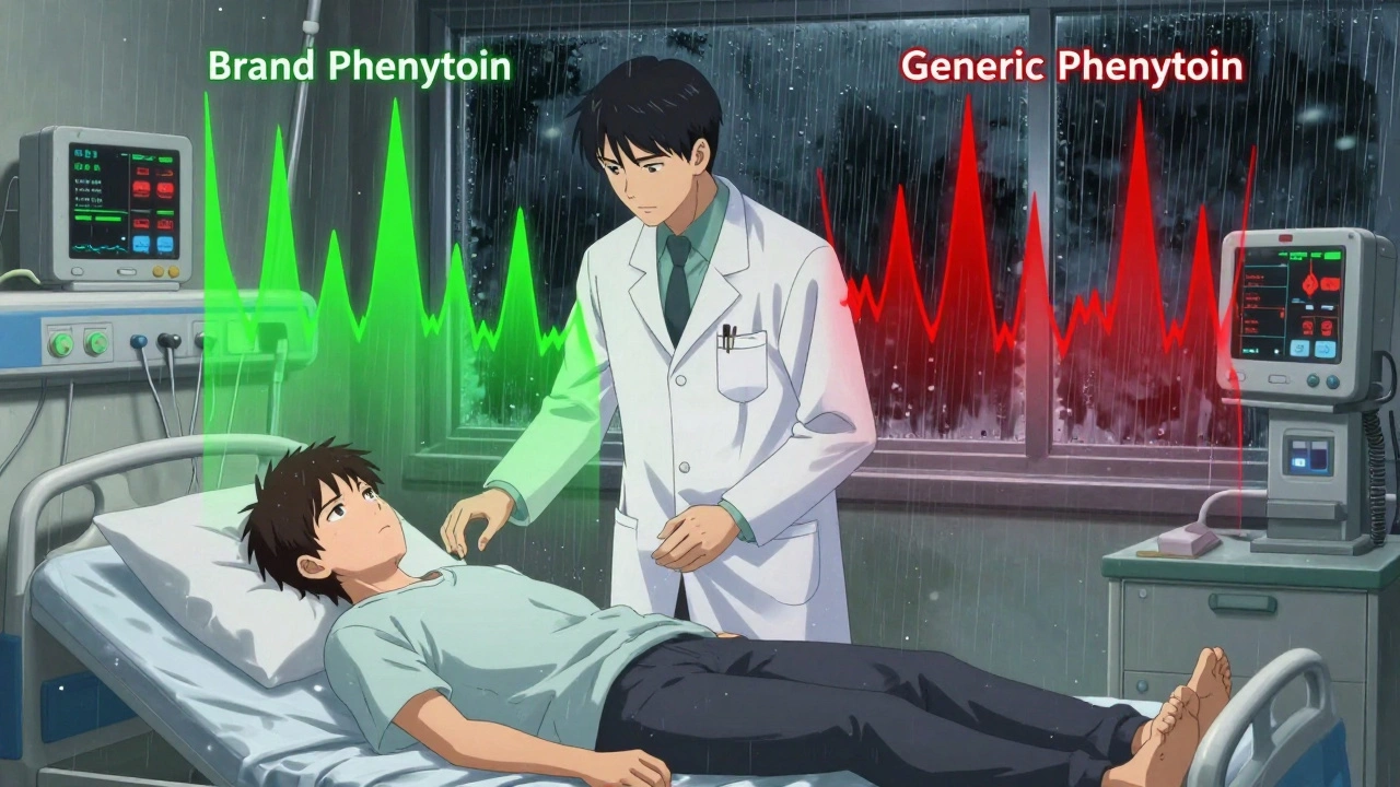 Epilepsy patient having a seizure while floating graphs show generic drug levels crashing into danger zones.