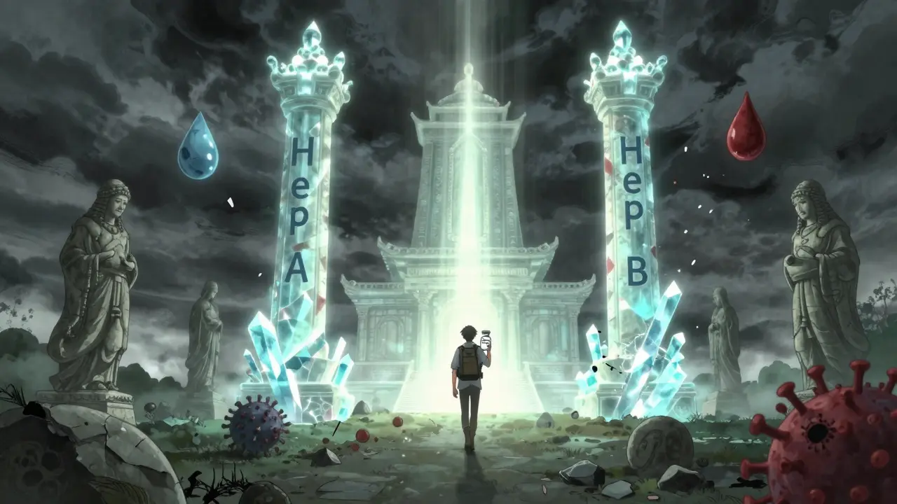 Glowing liver temple protected by Hep A and Hep B pillars, viruses crumbling as traveler approaches with Twinrix.