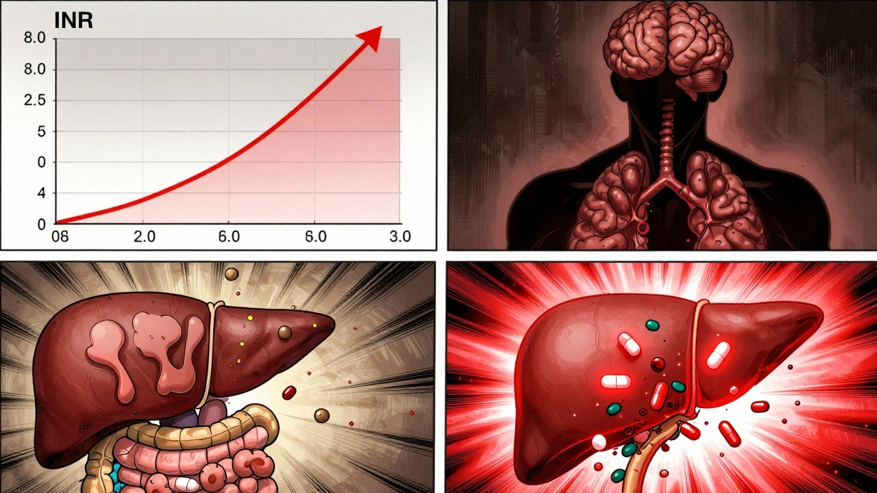 INR graph spiking dangerously as gut bacteria die and liver enzymes are blocked