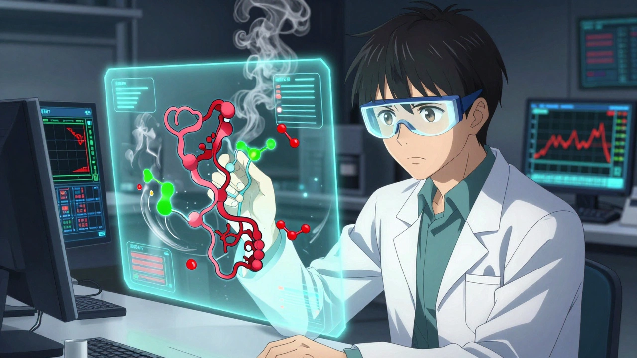Lab technician analyzing a holographic protein model with glowing data streams in a high-tech lab.