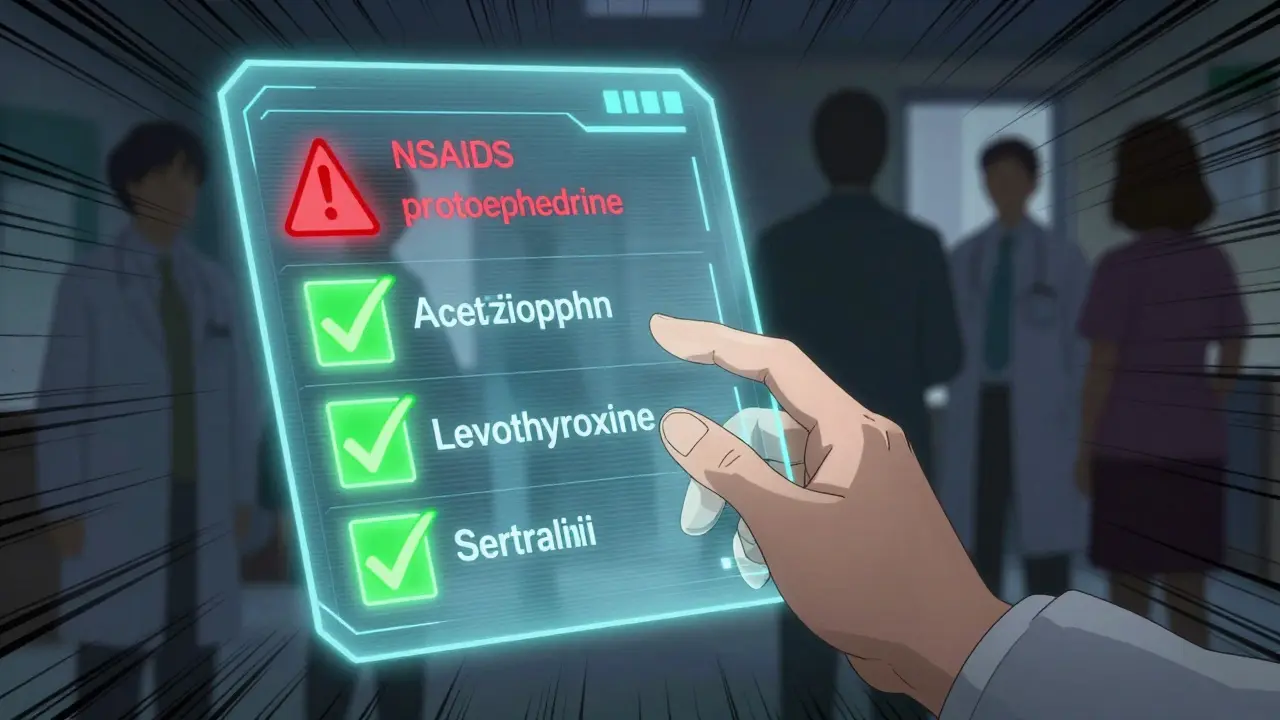 Medical chart showing safe and unsafe pregnancy medications with glowing checkmarks and warning symbols.