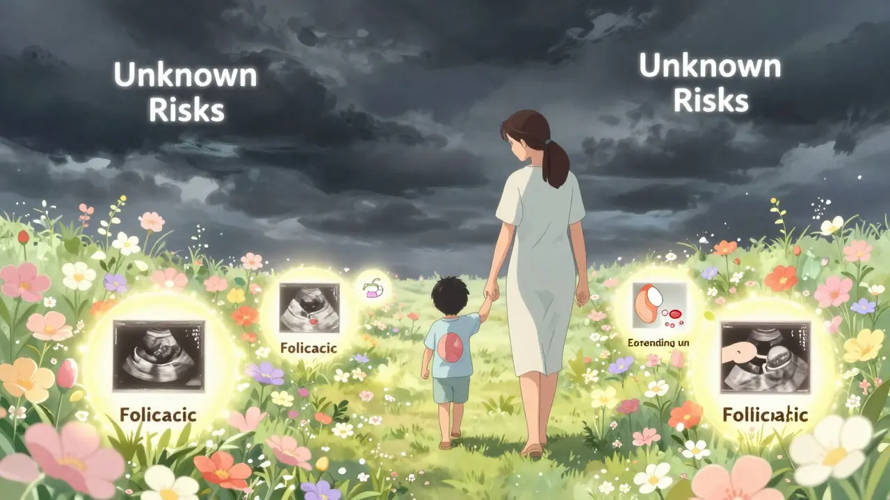 Mother and child walking on a luminous path of safe prenatal choices as dark risks fade behind them.