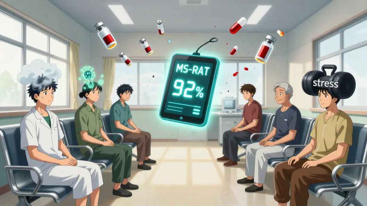 MS patients in clinic with personal triggers above their heads, steroid vials crumbling into dust.