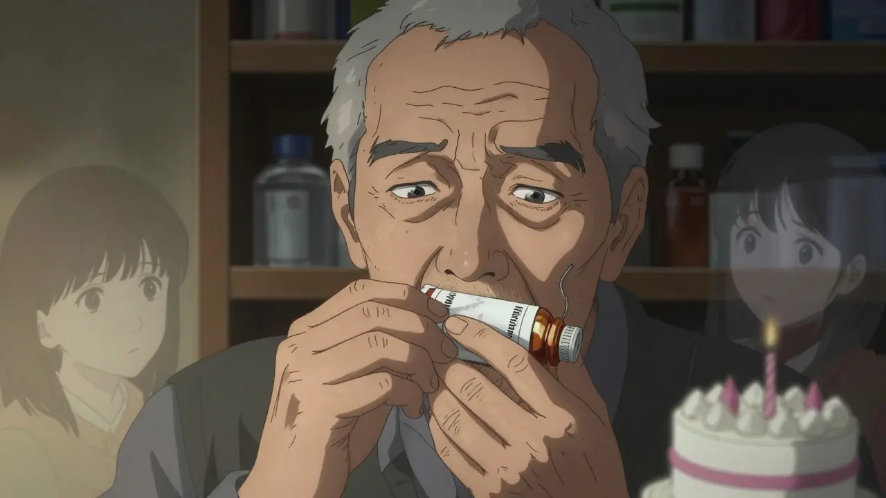 Old man holding cough syrup, ghostly images of his granddaughter fading as he realizes the cause.