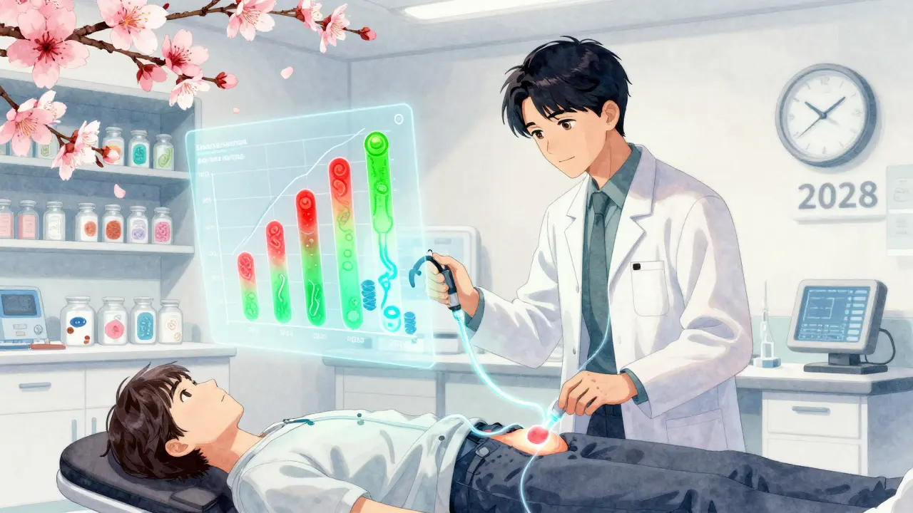 Patient receiving gut microbiome transplant with holographic diversity graphs rising, healthy bacteria blooming like flowers.