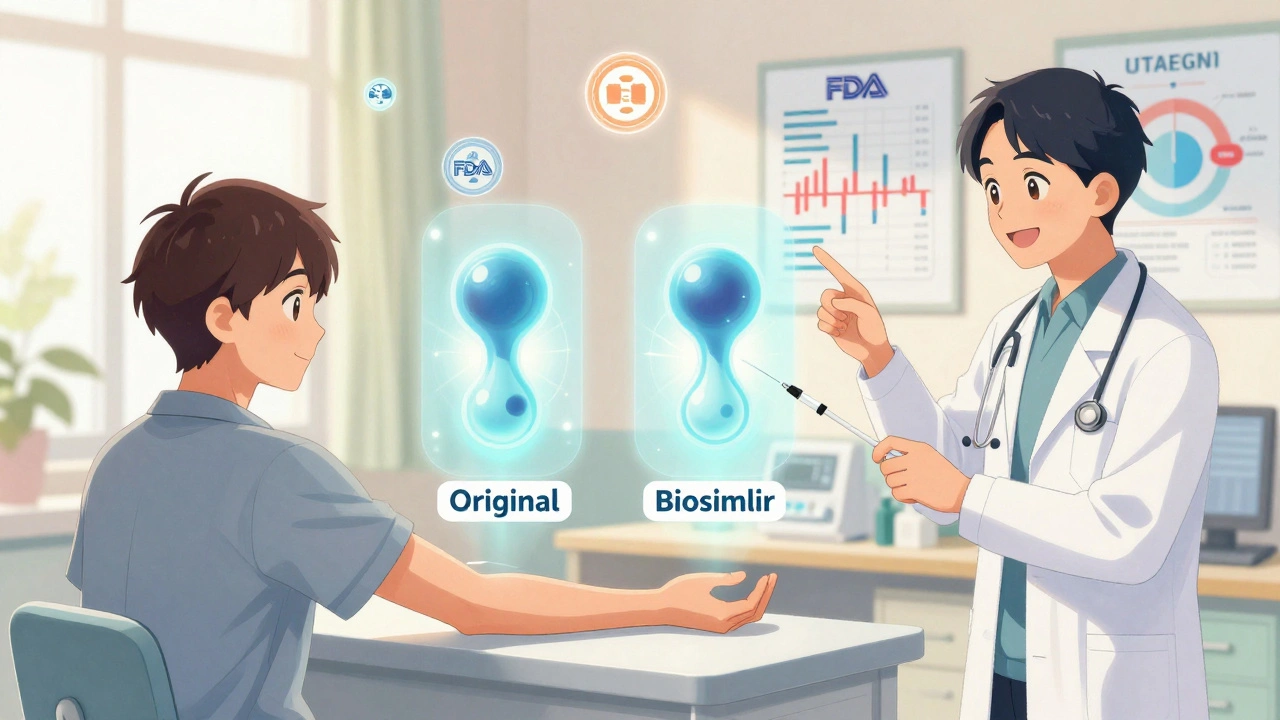 Patient receiving injection with translucent antibody variants floating above, doctor smiling beside them.